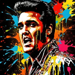 Breathtaking UHD masterpiece, 64K resolution, Elvis Presley's face, energetic splashes, drips and bold strokes of color, conveying a sense of chaos and emotion