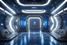 закрытые автоматические двери космической станции из приемной императора с ультро современным дизайном голубого цвета научная фантастика интерьер звездных войн фотграфия 4к реалистично