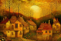 Nostalgia-evoking, breathtaking surreal masterpiece, channeling Sam Toft, Gustav Klimt, Andy Kehoe, Amanda Sage, features a quaint village scene bathed in setting sun's golden hues, painted textures conjuring yesteryears, fusion of folk art, sharp focus, studio photo, intricate details, artstation trending, highly detailed, Greg Rutkowski signature style, golden hour lighting, Modifiers: beautiful very cute visually breathtaking beautiful