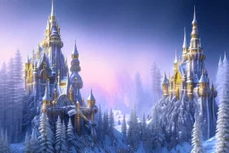  white and gold crystal castle，waterfall, winter snow flakessnow, northern Lights, full of details, smooth, bright sunshine，soft light atmosphere, light effect，vaporwave colorful, concept art, smooth, extremely sharp detail, finely tuned detail, ultra high definition, 8 k, unreal engine 5, ultra sharp focus