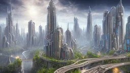 detailed alien cityscape, buildings with balconies, tracks, roads, paths, river, blue sky, white clouds