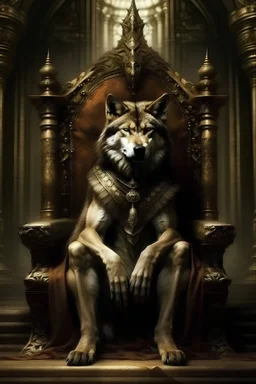 I want a picture of a wolf with the body of a strong man sitting on a throne as a king.