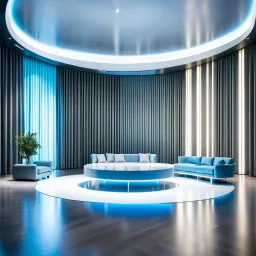 beautiful dance stage with no dancers in luxury modern hall dynamic lights, modern furniture light blue & gray theme