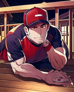 woman with a red baseball hat. leaning on a wooden balcony. night time. anime. studio lightining.