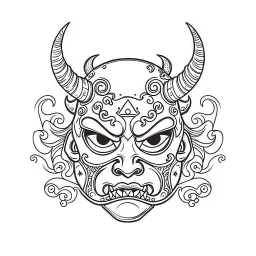 White, minimalis line art , cute oni mask japanes , vector, white background, outline, with images neatly contained within the background, just black and white color, tatto style.