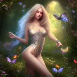 a gorgeous female wizard laying down in a fantasy forest surrounded by butterflies