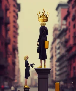 Statue of Queen of photography. Cute blonde woman. Photographer in golden crown. Standing on the street. Big camera in her hand. hyperdetailed, photorealistic, trending on artstation, greg rutkowski, beksinski, kodachrome