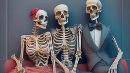 Famous Skeleton Couple Posing together wearing 1920's Hollywood Grandeur; Surreal, Intricately Detailed, Beautiful, Colorful, award-winning, high definition, ultra-detailed, beautiful, rose tones