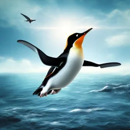 penguin flying in the sky