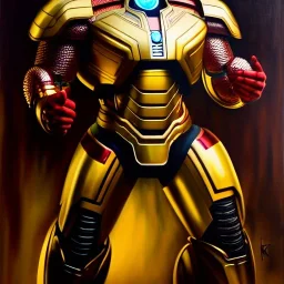 fullbody portrait in oil on canvas of Ultron Villain with Big Golden Hulkbuster armor, intense stare, masterpiece, realistic, intricate detail, sci-fi fantasy style, volumetric lighting, particles, highly detailed ,cinematic , deep colours, 8k, by Kaare Andrew and Robert E Howard and Ken Kelly