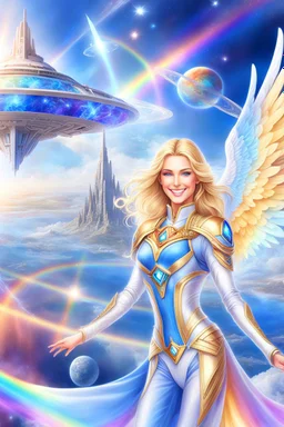 cosmic woman angels smile,admiral high commander from the future, one fine whole face, crystalline skin, expressive blue eyes,rainbow, smiling lips, very nice smile, costume rainbow pleiadian, Beautiful tall woman pleiadian Galactic commander, ship, perfect datailed golden galactic suit, high rank, long blond hair, hand whit five perfect detailed finger, amazing big blue eyes, smilling mouth, high drfinition lips, cosmic happiness, bright colors rainbow, blue, pink, gold, jewels, realist,8k