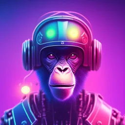 A beautiful portrait of a cyborg monkey purple neon color scheme, high key lighting, volumetric light high details psychedelic background