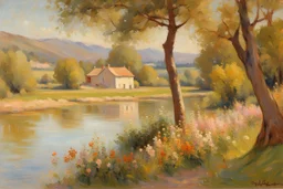 Sunny day, mountains, river, distant house, flowers, trees, wilfrid de glehn and pieter franciscus dierckx impressionism paintings