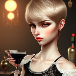 Russian boyish boylike female figure short man's haircut boyish face boyish features in black girlish lacy cocktail dress earrings in restaurant