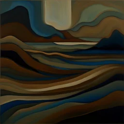 The abstract painting of a surreal, dreamlike landscape, which evokes a sense of mystery and introspection. The composition is divided into clear horizontal strips, each with its own textures, colors and shapes. At the bottom, undulating layers of earth tones and blues create a sense of depth and movement, reminiscent of a fragile body of water or a layered geological formation. This grounding base anchors the more ethereal elements above. From this base rises a lone, bare tree shown in silhou