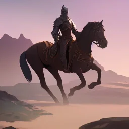 medieval knight traveling on a horse surrounded by mountains