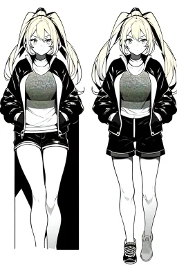 blonde girl with ponytails dressed in a jacket and shorts walks briskly, front view, greyscale