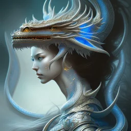 sango fantasy, fantasy magic, intricate, sharp focus, illustration, highly detailed, digital painting, concept art, matte, artgerm and paul lewin and kehinde wiley, masterpiece silver dragon head Asian Afo woman blue waves