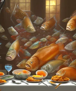 supper, fish sit at the table and eat pieces of people.