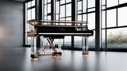 An innovative, award-winning, fully transparent piano . showcasing all its intricate mechanical components visibly. The design highlights its modern elegance, with sleek lines and a minimalistic approach, emphasizing the beauty of its transparent structure and the complexity of its inner workings. The piano stands gracefully in a well-lit, contemporary setting, casting soft reflections on the floor, symbolizing the fusion of art and techno