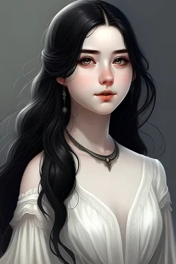 a 16 year old woman, white skin, medium length wawy black hair, beautiful round face, black eyes, round body, in a white dress, realistic epic fantasy style