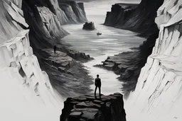 oil painting, an old track on a tall cliff, a man standing on the cliff and looking at the flooded city below him