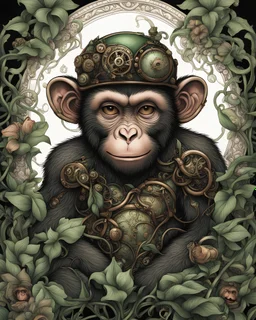 steam punk monkey surrounded by black lilies and green vines, full color, crisp lines, detailed