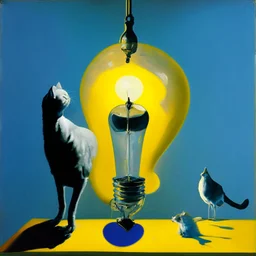 Abstract painting formed by a mix of human flesh-like surgical instruments and universe-like neuralink, a cat looking at a pigeon inside a huge bulb between light and shadow at dusk,surrealism,minimalism,Painting By Adrian Ghenie, Rene Magritte, Salvador Dali, Lucian Freud