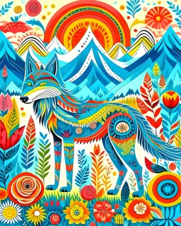 A Birds and Flowers, Kids can have fun the different patterns and designs on the body. Design with a Wolf standing in a grassy meadow with mountains. in the background." with bright and happy colors. and whimsical decorations. in vibrant hues