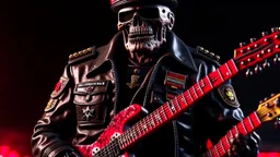 4k realistic full détails. Logo émission radio. Terminator wearing an uniform like angus young is playing guitar