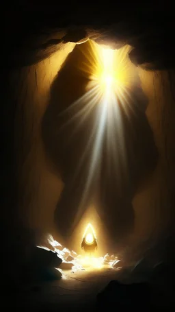 Character on the scree cone of an underground room lit by sunbeams coming from a well located forty meters above.