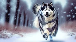 Alaskian Malamute running through the snow, furry style, shamanism, fish