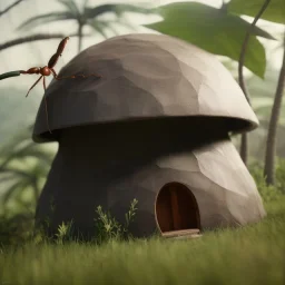 Petite cabane de fourmi en forme de feuille courbée, matariaux naturel, 8k, 3D,hdr,cinema 4D, très détaillée,réaliste