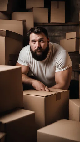 full figure photography of a shy burly chubby muscular 28 year old sicilian man with short beard white t-shirt, in a dark cellar full of cardboard boxes and old objects , look at camera, shy eyes, hyper realistic, Cinematic, 35mm lens, f/1.8, side light, dim lights, ambient occlusion , frontal view from the ground