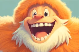 closeup on face of cute character with fur and big toothy grin, peculiar character style