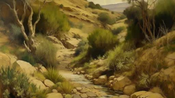 Barranco mediterráneo con terrazas naturales y vegetación resistente, pintura naturalista, paisaje seco, estética cálida, arbustos, pinos y roca erosionada, composición escalonada, iluminación dorada, ocres, verdes oliva y marrones, atmósfera serena.