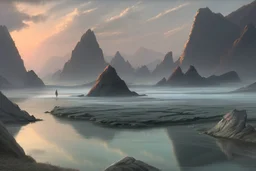 mist, rocks, lagoon reflection, clouds, distant city, person, sci-fi, epic