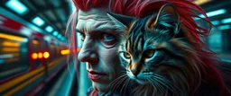 high class realism, dented skin, victorian era, cyber punk, A really close up portrait of one person individually mutated with hairy wigs glowing, and a long haired cat that just came out of a violent twister with its long hair twisted, background blur, high speed train