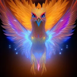 a detailed illustration of a phoenix with shiny blue wings and long glowing sparkly body, luminescent body, glinting spread wings, soft and smooth glowing wings, soft feathers, macro lens, sharp focus, meticulously detailed, soft studio lighting, smooth blurred gradient background, twinkly eye, 64k, playfull