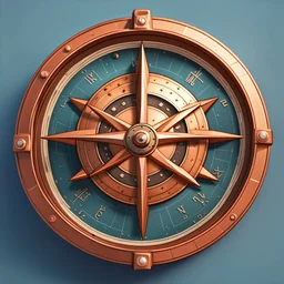 blocky 3D low poly cartoon render style of the metal retro vintage copper compass, top view from above in isometric perspective