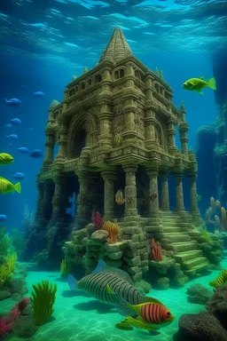 An underwater castle filled with fish and Hawaiian tikis