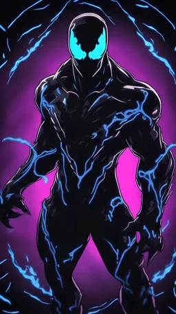 Mix between venom symbiote and Reaper in solo leveling shadow style with neon glowing blue