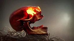 A beautiful highly detailed ornate intricate portrait of a flaming demon skull made of shiny obsidian glass :: reflective, glassy :: subtractive lighting, backlit :: by John William Waterhouse, Greg Rutkowski, HR Giger :: hyperrealistic, hyper detailed, photorealistic :: epic, incredible composition, amazing depth, meticulously composed, 16k resolution concept art :: fantasy magazine cover art