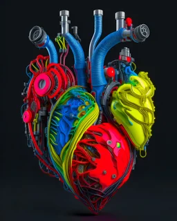 A 3d human anatomical heart shaped render of artificial intelligence merging with mechanical engineering and art, machine parts, art supplies, colorful design.