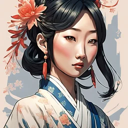 asian woman, ilustration, in the style of anime aesthetic, hand-painted details --ar 73:128 --stylize 750