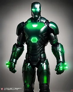 Super IRONMAN armor, kryptonite powered, black armor, black chrome, green lights, built by wayne enterprises, designed by stark industrieshttps://stablecog.com/generate?o=37b70ee1-cbf6-4de2-8ffe-0e02f33ce34f photorealistic, military display, weapons test,