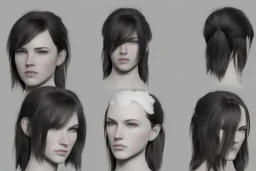 Female stylized character sheet for 3d modeling full normal anatomy correct proportion Full front view side view and back anatomy .art station 8k fair skin A short, brunette woman with cheeks, disheveled black hair, and a shaved lower lip