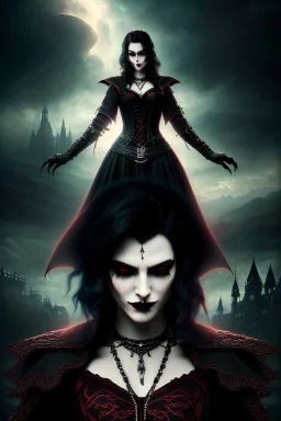 Smirking gothic vampire, waist up portrait, gloomy, 8k resolution, intricate details, ornate details, soft lighting, vibrant colors, retroanime, masterpiece, intricate eyeliner, dark eyeshadow, eyes, intricate tattoos, Medieval background