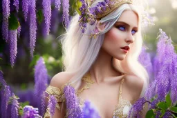 Fantasy cute elf with transparent wings, smiling, make up, long blond platinum hair, blue eyes, crown, beautiful dress, wisteria flowers and mushrooms in background, HQ, high key lighting, volumetric light high details