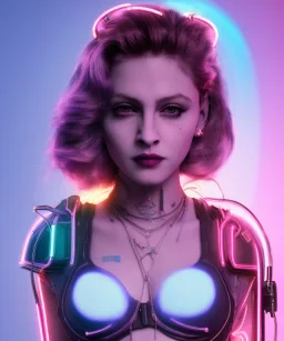 Artist, young madonna, ciborg woman, glow iris, piercings, sweet, punk hair, blonde, white skin, long eyeliner, glow pink cheeks, glossy lips, color leds lights, cables, circuits, cyberpunk, latex coat, cyber punk, neon, portrait, studio photo, unreal engine 5, soft color, 16 bit, god lights, ray tracing, RTX, lumen lighting, ultra deatail, volumetric lighting, 3d, finely drawn, hd.